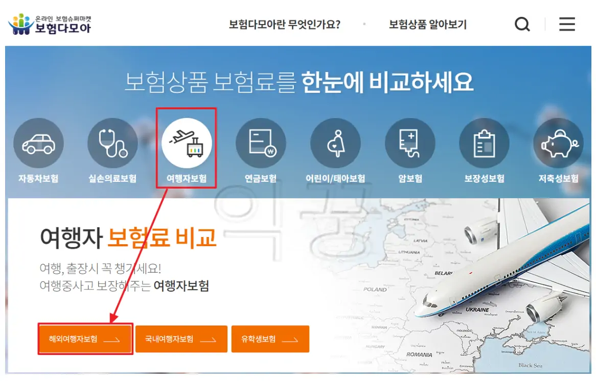 보험다모아 사이트에서 해외여행자보험 비교 카테고리 선택 사진