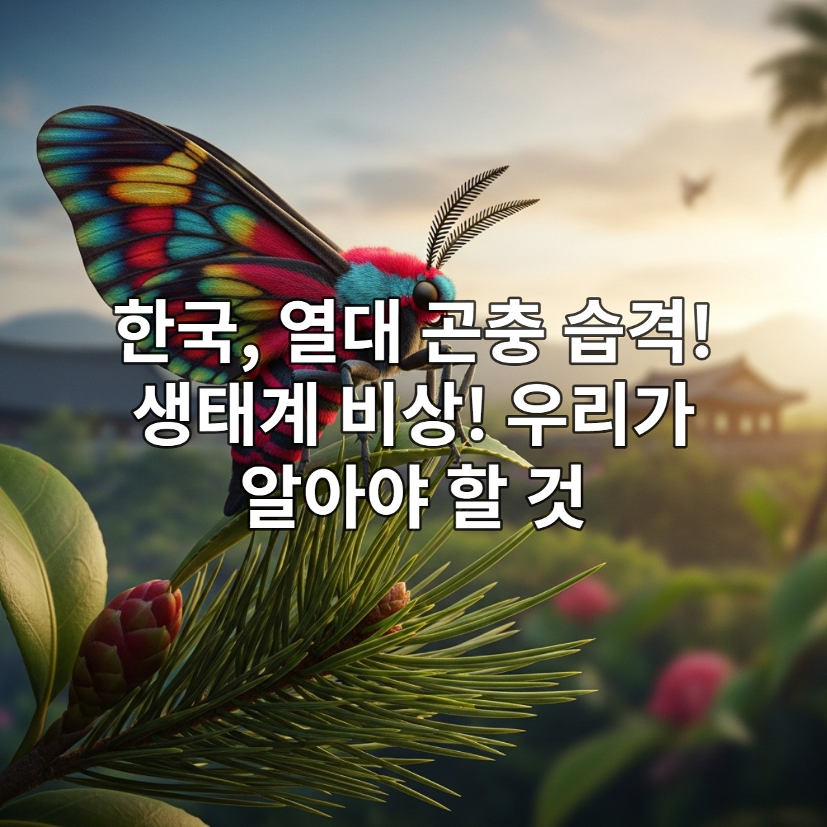푸른색과 주황색이 어우러진 열대성 나방이 한국의 소나무 잎에 앉아 있는 모습. 뒤로는 흐릿하게 따뜻해진 한국의 풍경이 보이며, 기후변화로 인한 생태계 변화의 심각성을 상징적으로 나타냅니다.