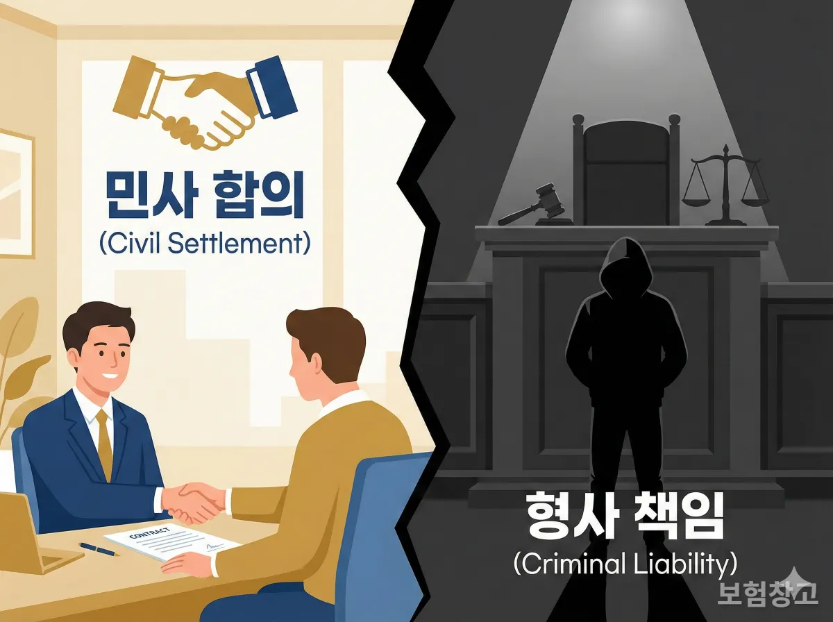 보험사 민사 합의와 법원 형사 처벌의 차이를 보여주는 비교 일러스트
