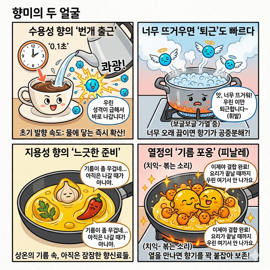 수용성 vs 지용성 향미: 향 성분이 기름과 물에 녹아드는 속도 차이