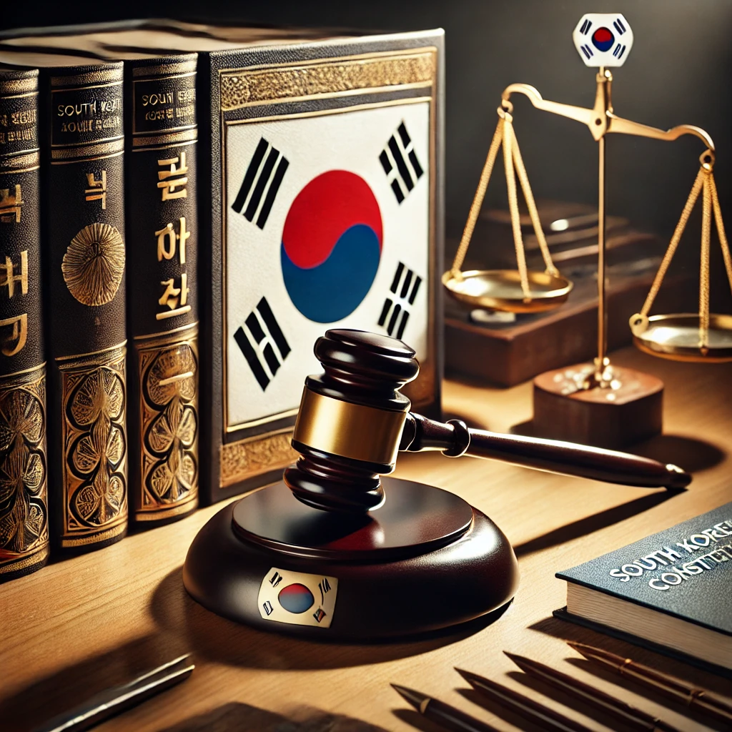 국기와 법률책&amp;#44; 저울&amp;#44; 판사봉이 함께 있는 엄숙한 장면 