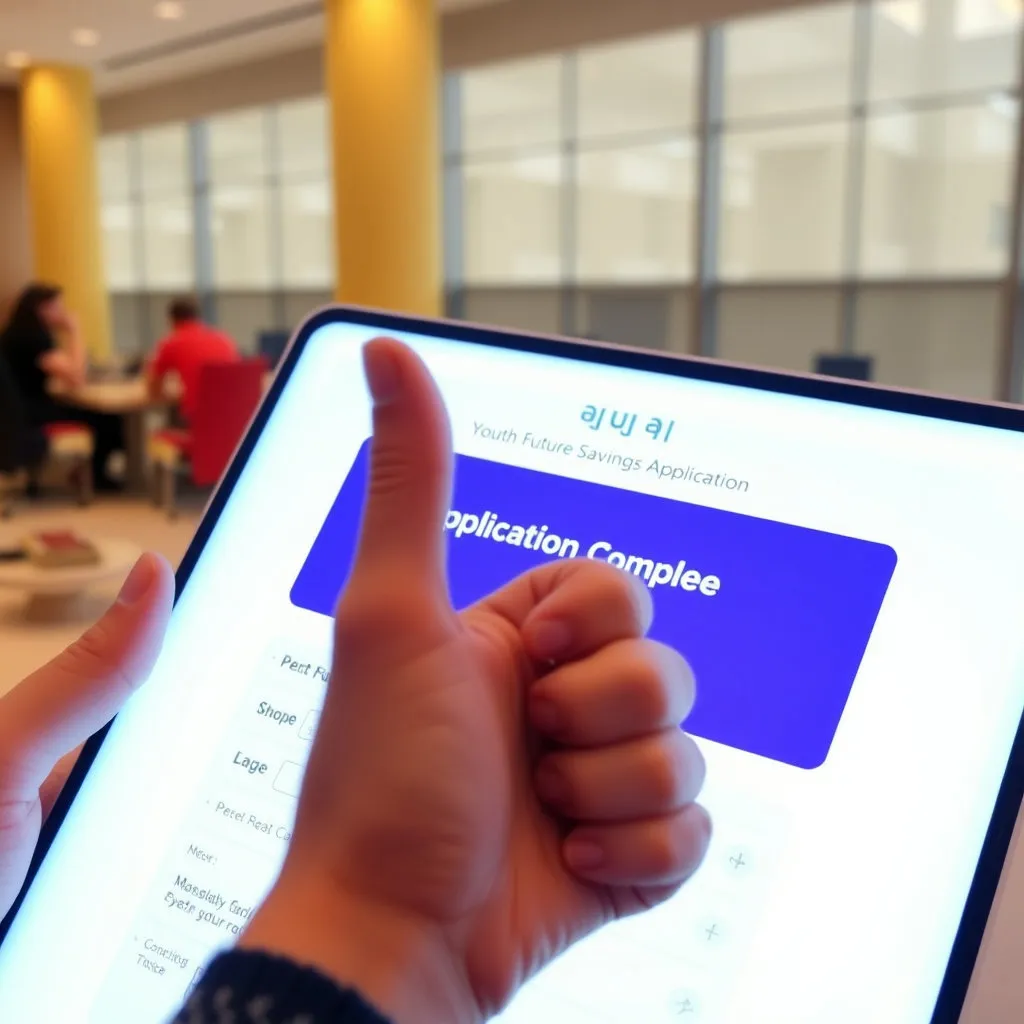 밝은 빛을 내는 스마트폰이나 태블릿 화면에 '청년미래적금 신청' 페이지가 깔끔하게 펼쳐져 있습니다. 화면 속에는 쉬운 인터페이스와 '신청 완료' 메시지, 그리고 엄지를 치켜든 손가락이 보입니다.