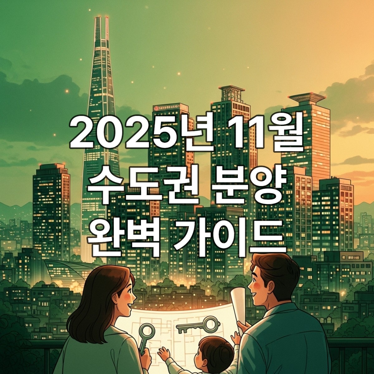 2025년 11월, 희망찬 미래를 상징하는 수도권 아파트 단지와 행복한 가족의 모습. 부동산 시장의 기회를 나타내는 풍경.