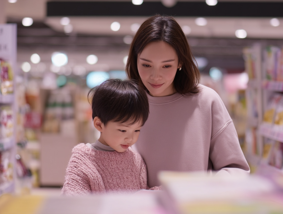 An image showing a parent and child while reading books in a bookstore