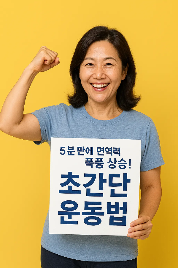 5분 만에 면역력 폭풍 상승 문구가 적힌 안내판을 들고 팔을 들어 보이며 웃고 있는 중년 한국인 여성의 이미지