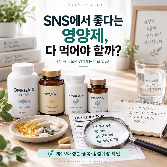 여러 영양제 병과 캡슐 옆에 성분표를 확인하는 모습을 표현한 정보형 이미지