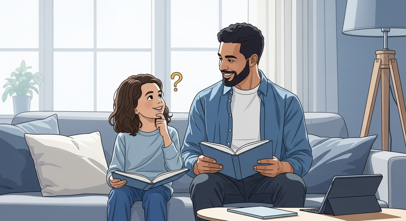 부모와 아이가 소파에 앉아 책을 읽고 대화하는 모습을 묘사한 일러스트