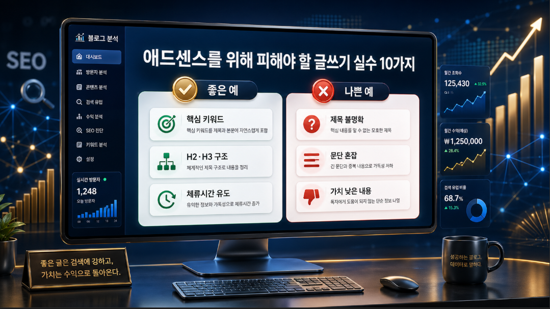 애드센스 승인을 위해 초보자가 피해야 할 블로그 글쓰기 실수와 최적화 전략을 설명하는 대표 이미지
