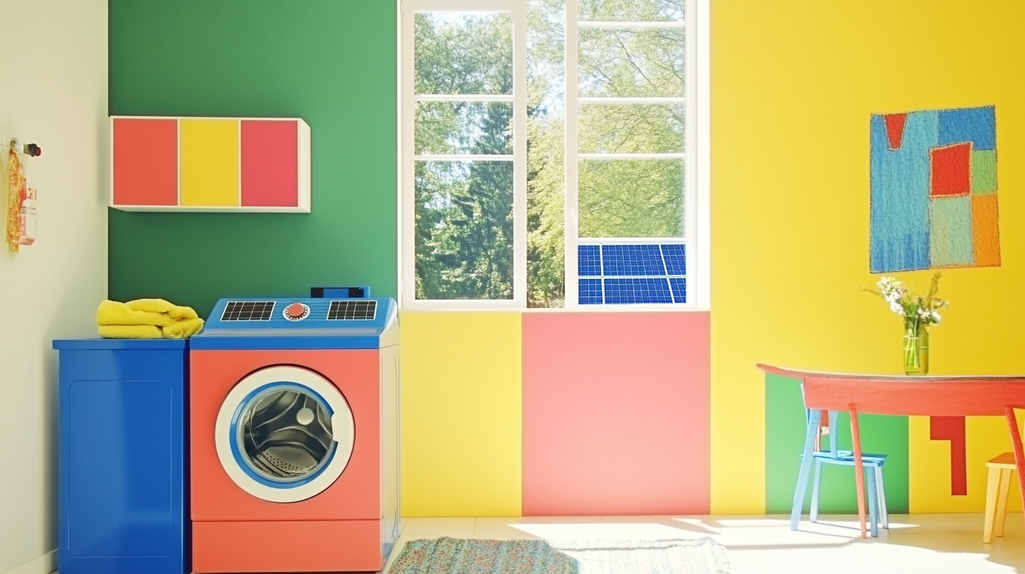 햇살이 가득한 세탁실에 위치한 에너지 효율적인 세탁기. 창문 너머로 보이는 태양광 패널이 친환경적이며 에너지 절약을 강조하고 있습니다.