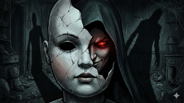 반쯤 깨진 도자기 인형의 얼굴 뒤로, 전혀 다른 표정의 붉은 눈동자가 보이는 강렬한 일러스트