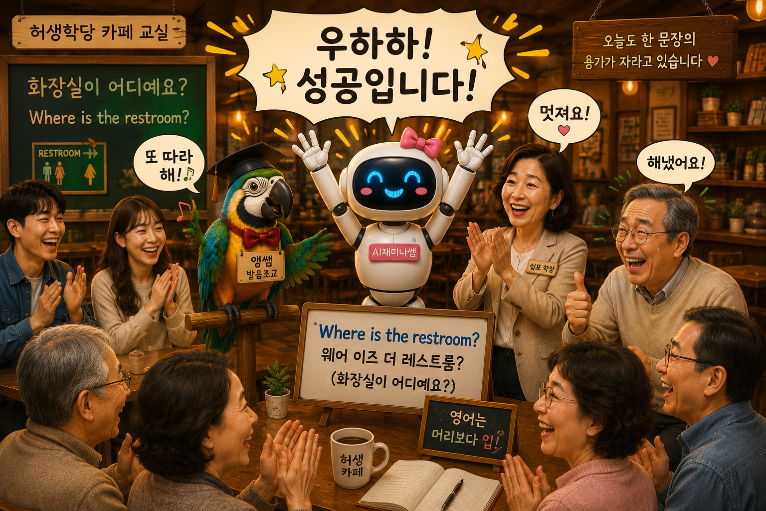 허생학당 카페 교실에서 앵쌤, AI재미나쌤, 쉼표 학장과 학우들이 화장실 찾기 영어 문장 연습에 성공하며 함께 웃고 박수치는 모습