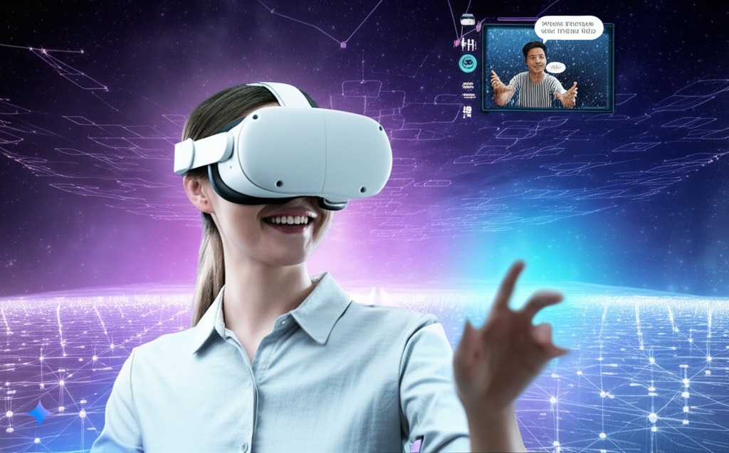 메타퀘스트3 헤드셋과 현실감 있는 코덱 아바타들이 네온 조명 속에서 어우러진 미래적인 VR 이미지