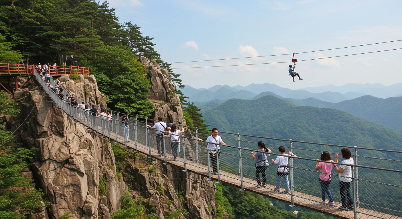 강원도 원주 소금산 출렁다리를 건너는 가족의 모습