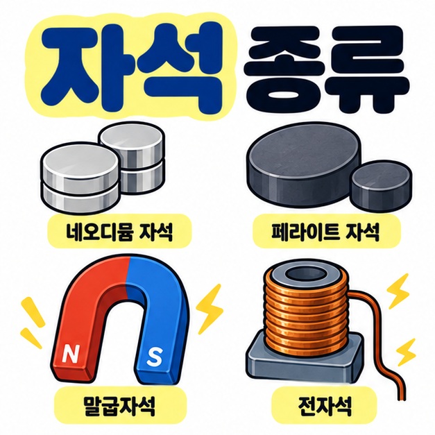 자석 종류 문구와 네오디뮴, 페라이트, 막대자석, 전자석 코일 아이콘을 보여주는 대표 카드
