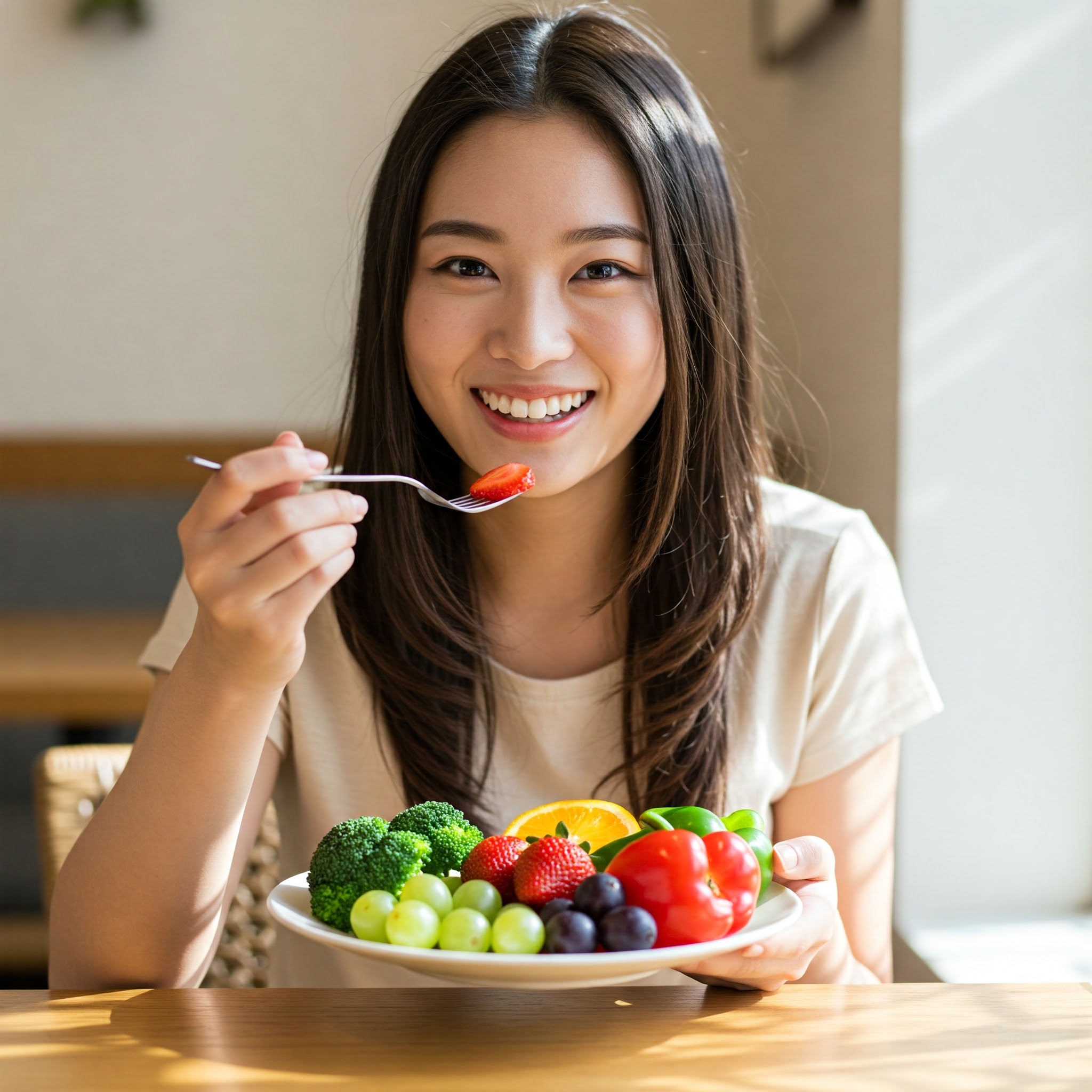 과일을 먹으며 환하게 웃고있는 여자