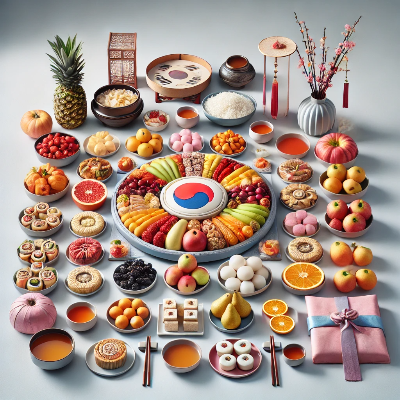 전통 한국 차례상이 설날을 위해 정갈하게 준비된 모습. 떡, 과일, 고기 요리가 깔끔하게 배치된 장면.