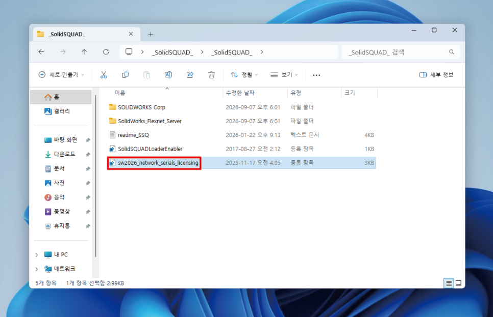 SOLIDWORKS 2026 네트워크 라이선스 설정 파일 화면