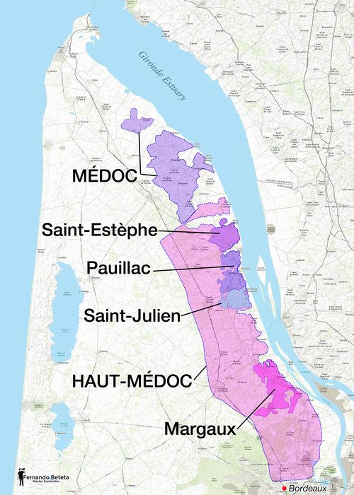 오 메독(The Haut-Médoc) 지역의 6개의 마을 (아펠라시옹 : Appellations)