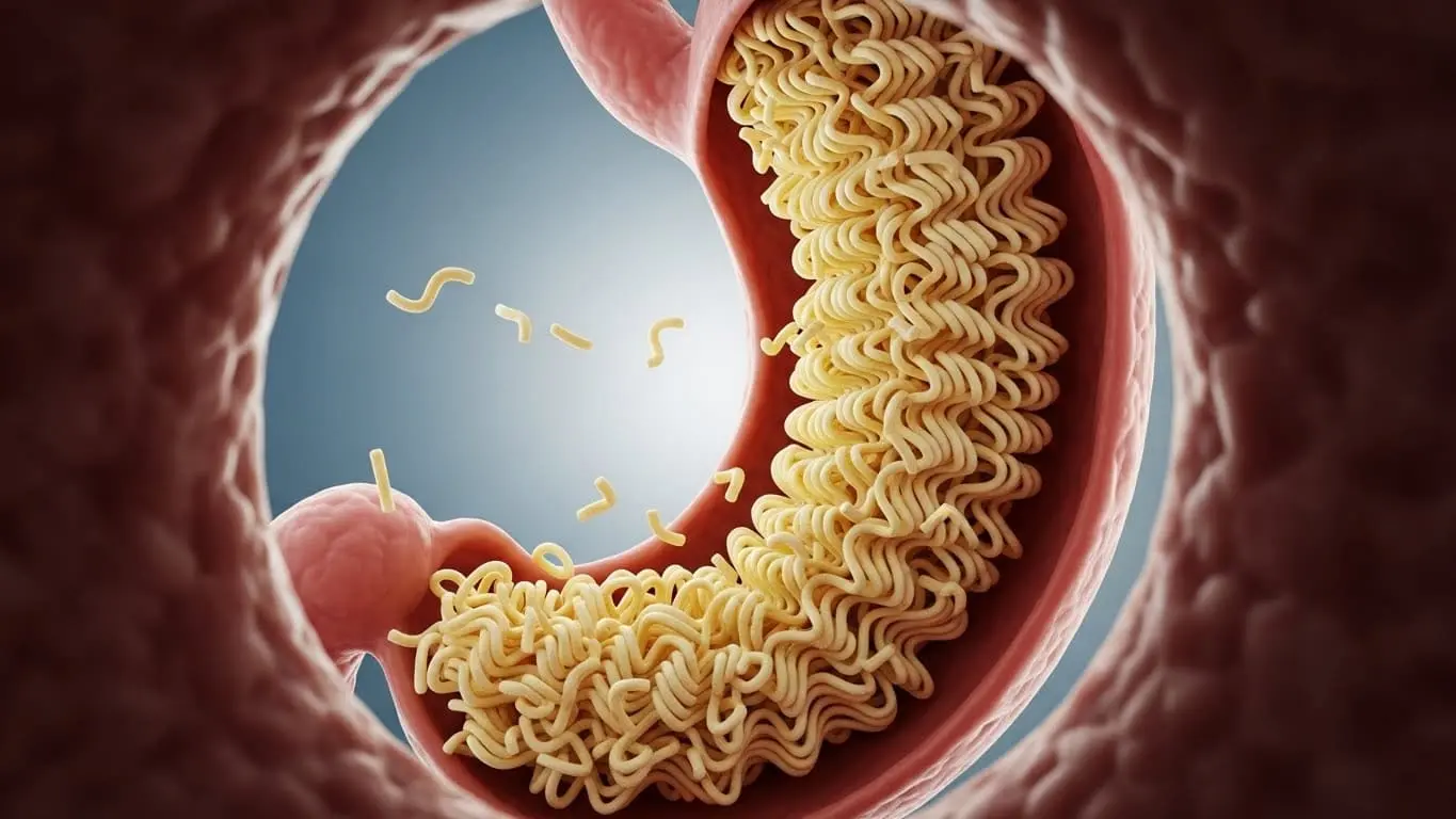 위장 내에서 소화되지 않고 원형을 유지하고 있는 라면 면발의 클로즈업 이미지.