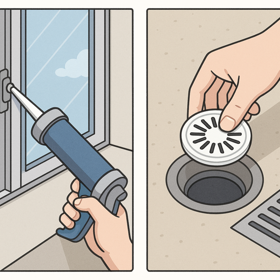 창문 곰팡이 제거와 욕실 청소를 위한 청소 장면, 장마철 곰팡이 예방 팁 이미지