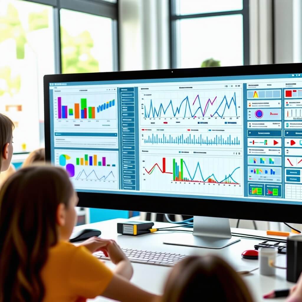 AI 과학 실험: 학생들이 AI를 활용하여 가상 과학 실험을 진행하는 모습. 컴퓨터 화면에 실험 결과와 데이터 분석이 표시되고, 학생들이 흥미롭게 관찰하는 장면.