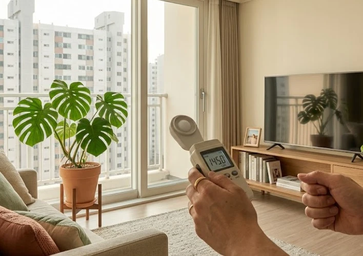 거실 창가에서 조도계를 들고 측정하며 몬스테라의 생육 환경을 점검하는 모습