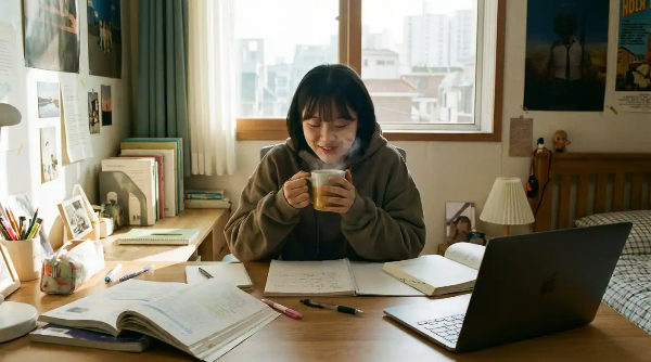 공부하다가 잠시 휴식하며, 대추차 한 잔 마시고 있는 여학생 모습