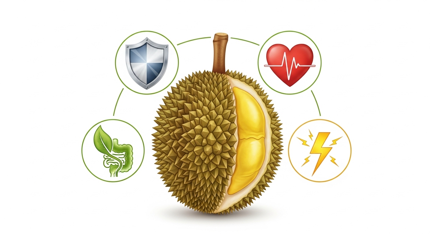 두리안을 중심으로 면역력, 심혈관 건강, 소화 기능, 에너지 증진 등 다양한 건강 효능을 상징하는 밝은 색상의 아이콘들이 배치된 일러스트.