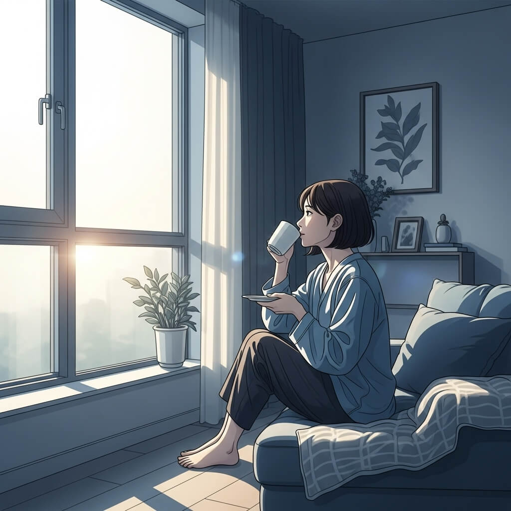 창가에 앉아 커피를 마시며 고요하게 아침을 시작하는 사람의 모습, 성공적인 하루를 위한 의도적인 루틴을 상징합니다.