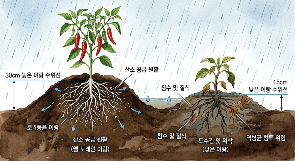 30cm 높은 이랑에서 숨을 쉬는 고추 뿌리와 15cm 낮은 이랑에서 물에 잠겨 썩어 들어가는 뿌리를 대조