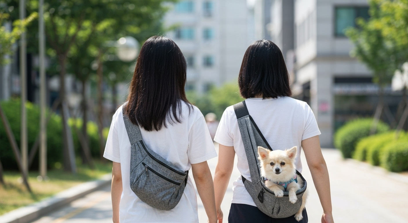 슬링백 메고 산책하는 포메