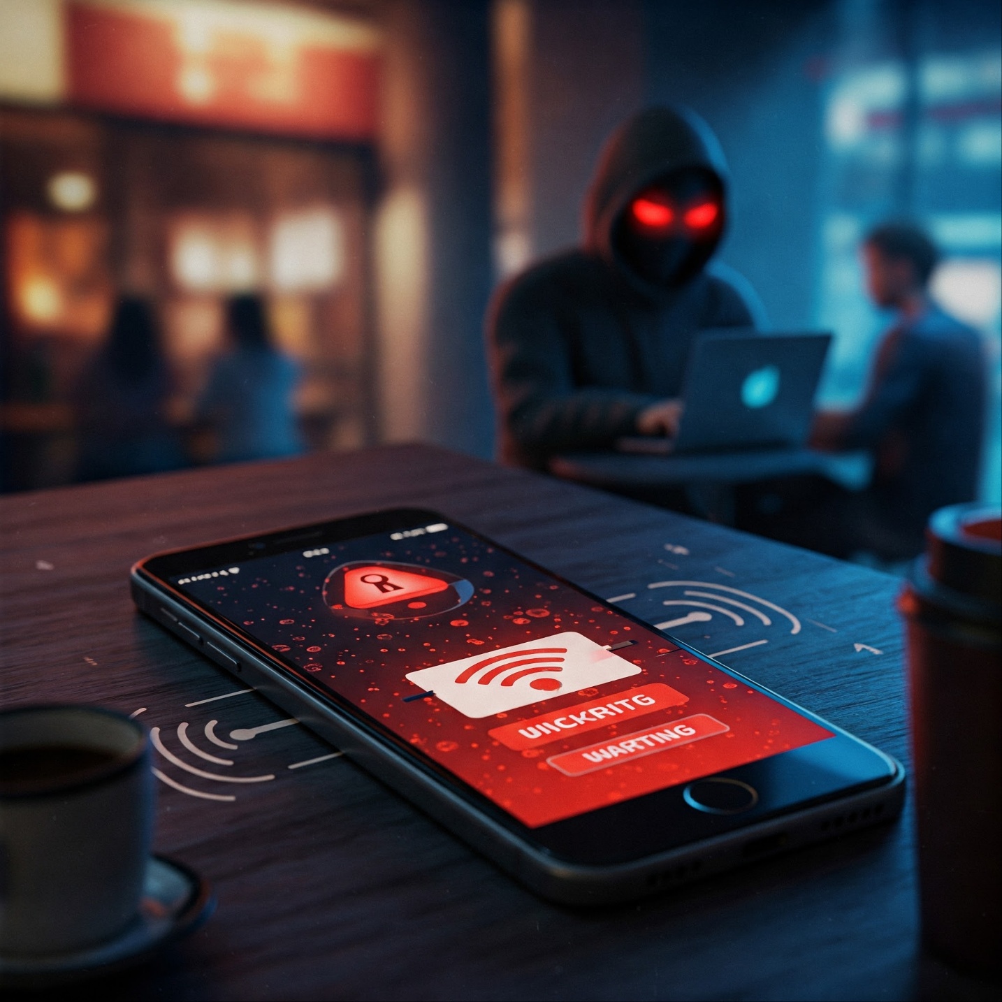 공용 Wi-Fi를 사용하여 해킹에 노출될 수 있는 스마트폰의 모습.