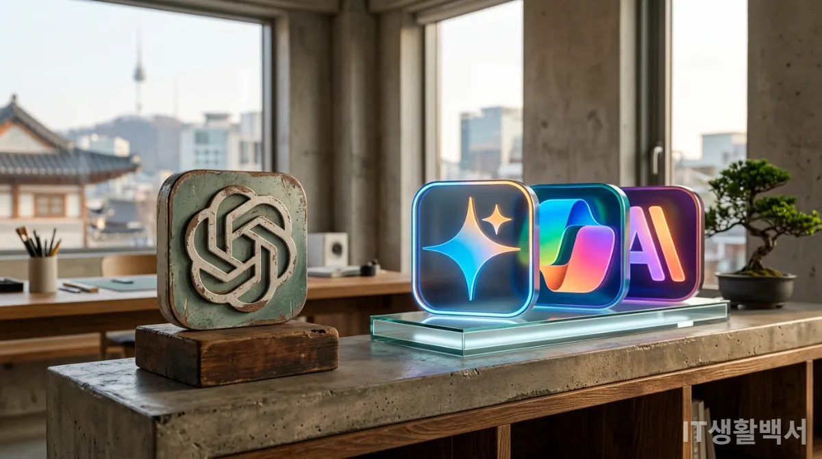 낡은 ChatGPT 로고를 새로운 AI 챗봇 로고들이 바라보는 이미지, 기술의 변화와 경쟁을 상징