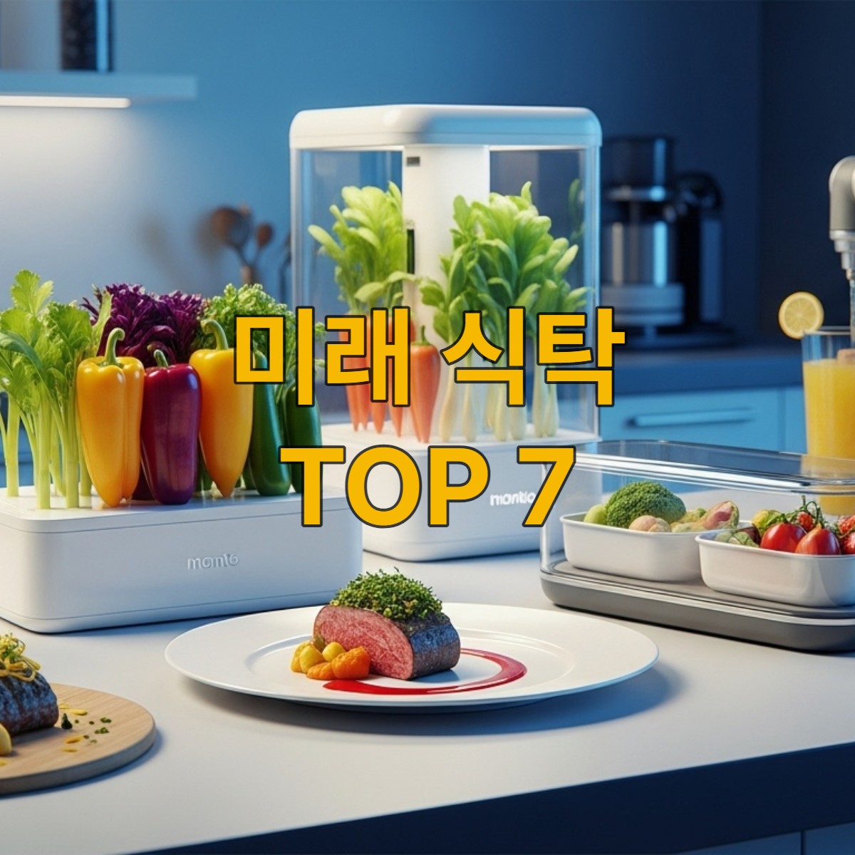 2025년 하반기 푸드 트렌드를 보여주는 미래형 주방. 식물성 요리, 스마트팜 채소, 개인 맞춤형 식단이 놓여 있고 로봇 팔이 음료를 준비하는 모습.