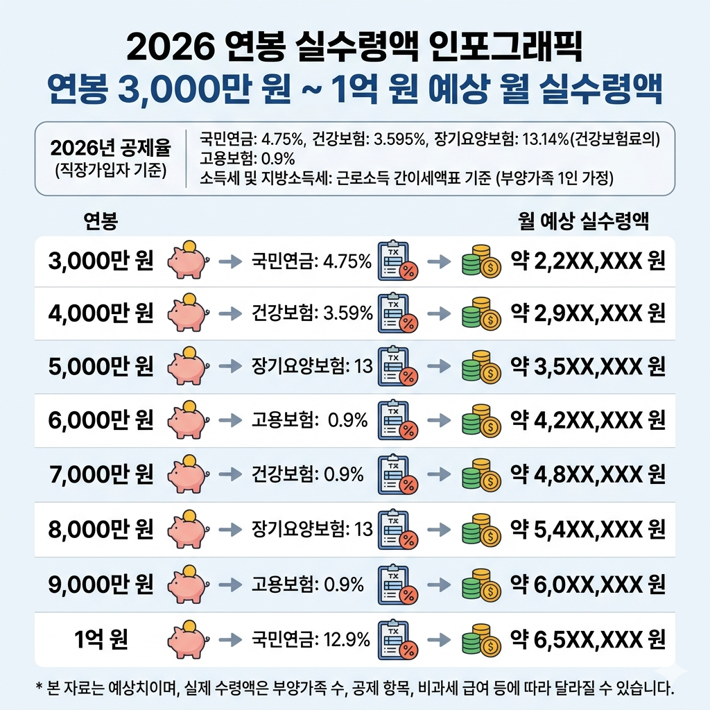 2026 연봉 실수령액표｜월급 세후 계산 기준과 4대보험 공제 핵심 정리 인포그래픽