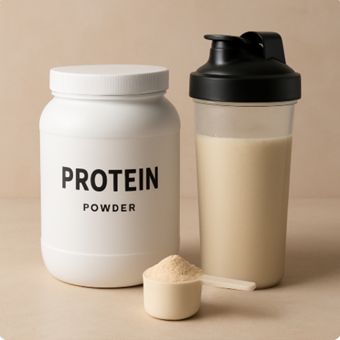 텍스트 없는 흰색 단백질 보틀과 쉐이커, 그리고 단백질 파우더 스쿱이 자연광 아래 놓여있는 클로즈업 정물 사진.