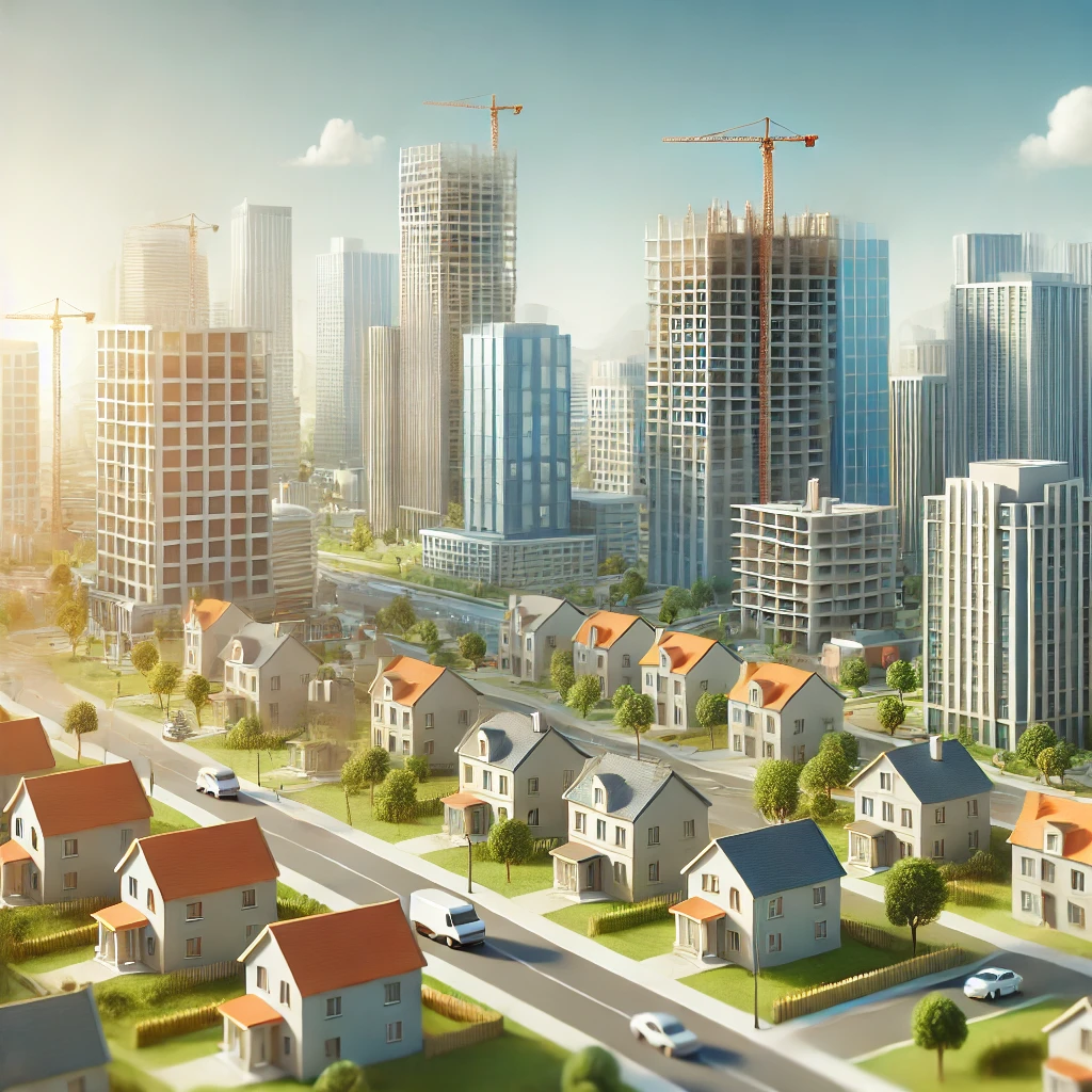 부동산 투자와 관련된 다양한 건물 유형이 포함된 도시 풍경입니다.