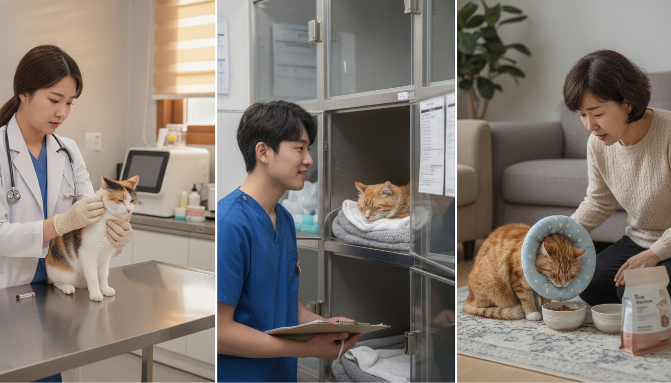 고양이 중성화 수술 전 검사, 회복 중인 고양이, 넥카라를 착용한 고양이의 모습