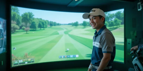 스크린골프를 마치고 가격에 만족한 젊은 남성이 골프 부스 안에서 웃고 있다.