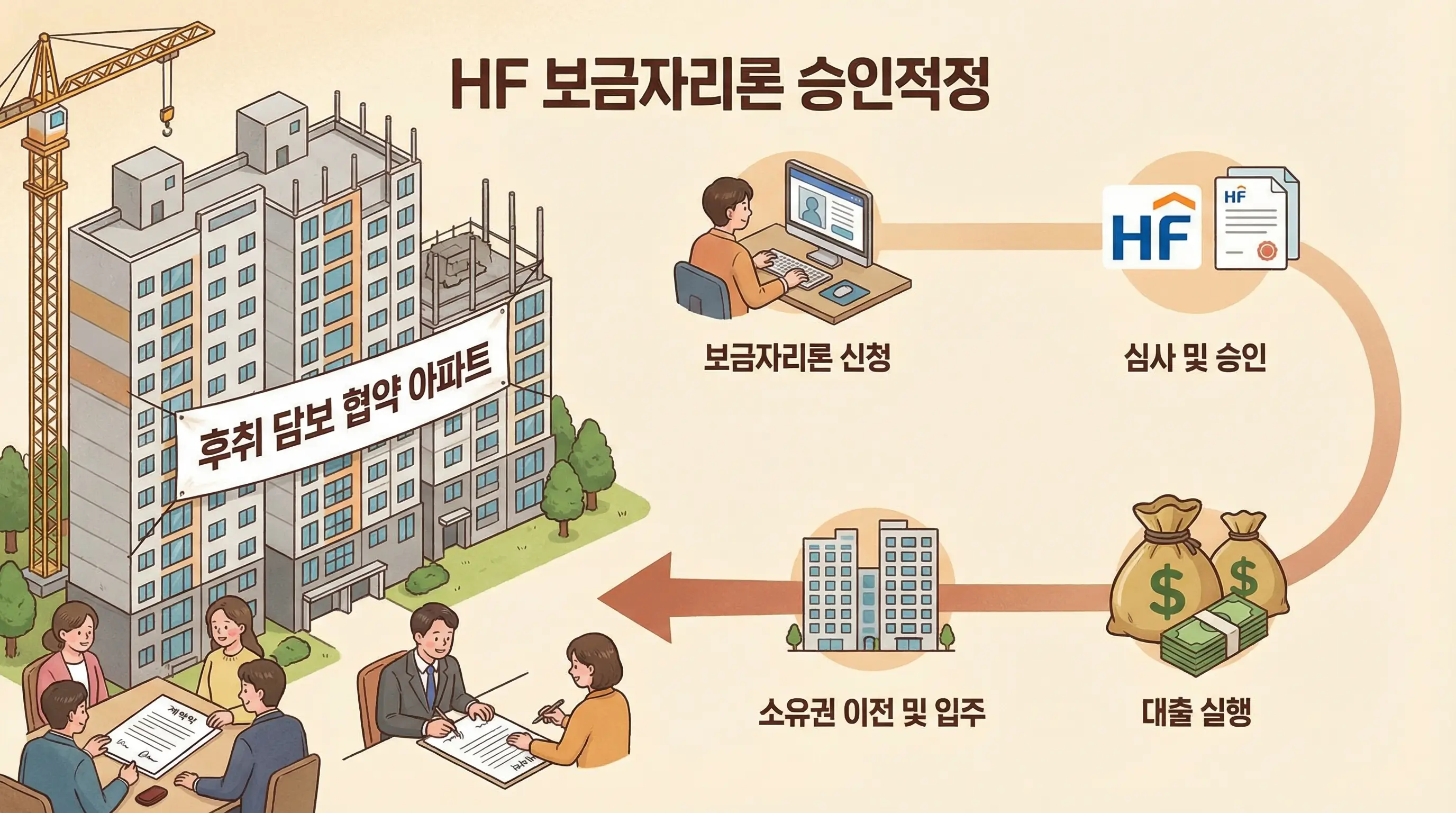 후취 담보 협약이 맺어진 아파트 단지와 주택금융공사 보금자리론의 승인 과정을 보여주는 인포그래픽