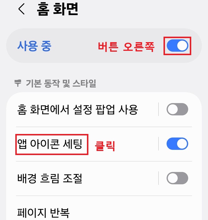홈 화면에 앱 아이콘 세팅 메뉴 보임