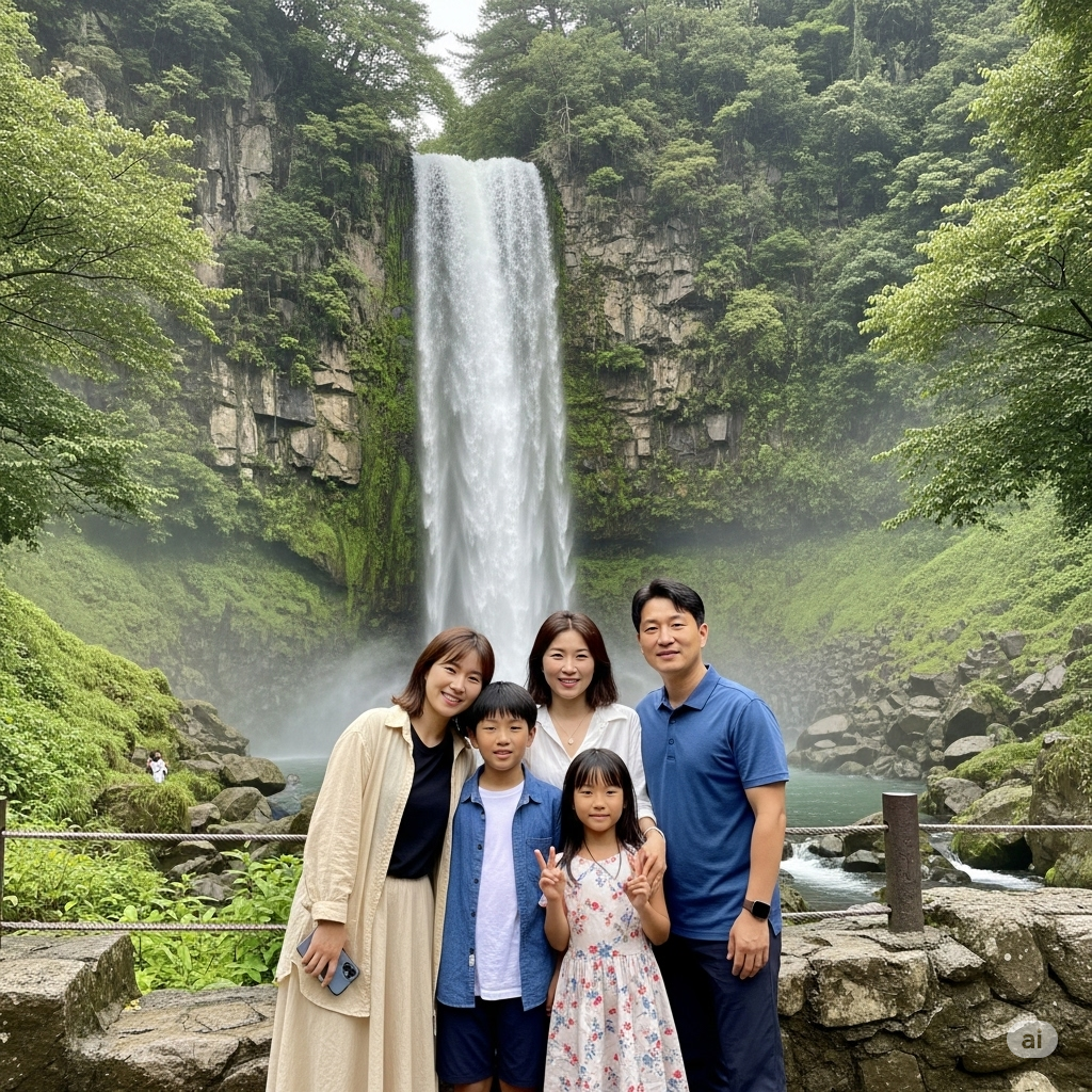 서귀포 천지연 폭포 앞 가족 여행 모습