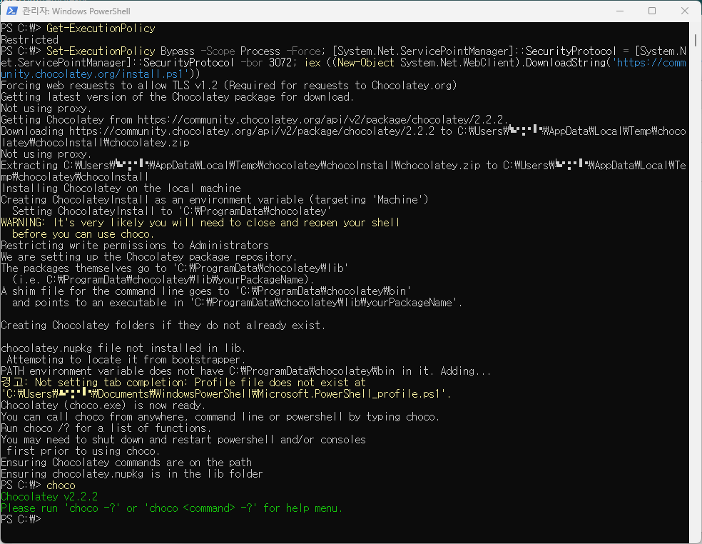 PowerShell에서 Chocolatey 설치 후 버전 확인