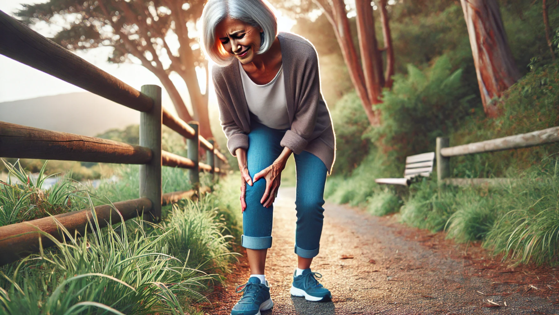 걷다가 무릎이 아파서 만지고 있는 여성 사진