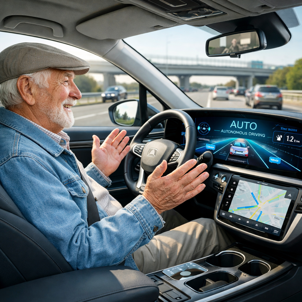 시니어가 자율주행 자동차를 탄 이미지