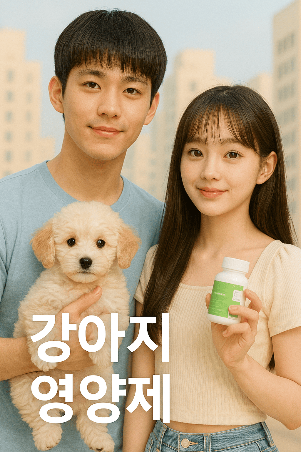 강아지를-든-소년미-넘치는-한국인-남성과-강아지-영양제를-들고-청순하게-웃는-한국인-여성이-밝은-도시-배경-앞에서-함께-서-있는-장면