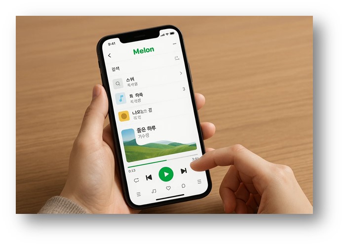 스마트폰으로 멜론 앱을 사용해서 음악을 선택하고 실행시키려는 모습