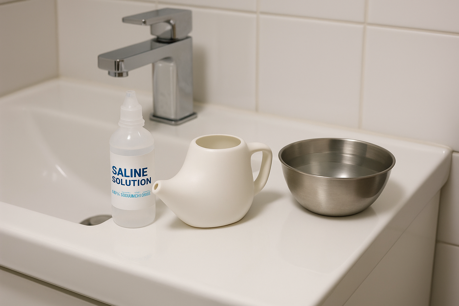 깨끗한 세면대 위에 생리식염수, 네티팟, 스테인리스 볼이 놓인 코세척 준비 장면