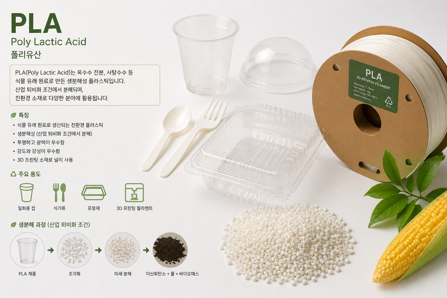 PLA(Poly Lactic Acid) 생분해성 플라스틱 설명 이미지. 옥수수 전분에서 추출한 원료로 제작되는 친환경 플라스틱의 특징, 식품 포장재, 일회용 컵, 식기류, 3D 프린팅 필라멘트 활용 사례와 산업용 퇴비화 시설에서 분해되는 과정을 시각적으로 정리한 인포그래픽.