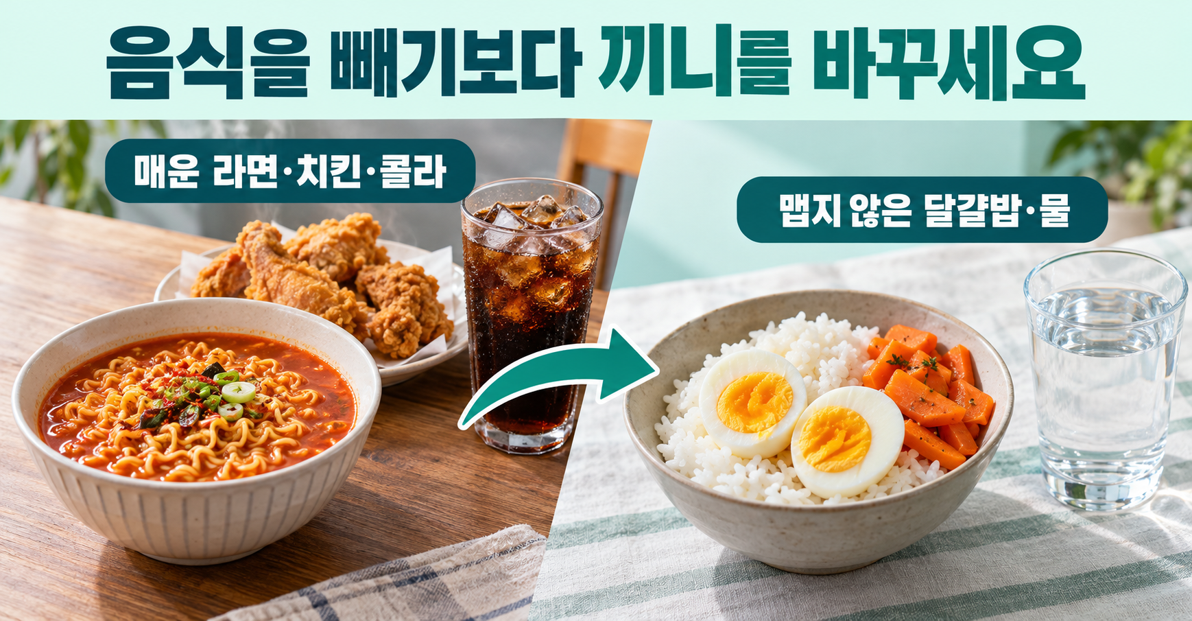 실사 식사 교체: 매운 라면·후라이드치킨·콜라에서 맵지 않은 밥과 완전히 익힌 달걀·익힌 당근·물로 바꾸는 예. 두 메뉴의 열량·영양이 같다는 비교는 아님.
